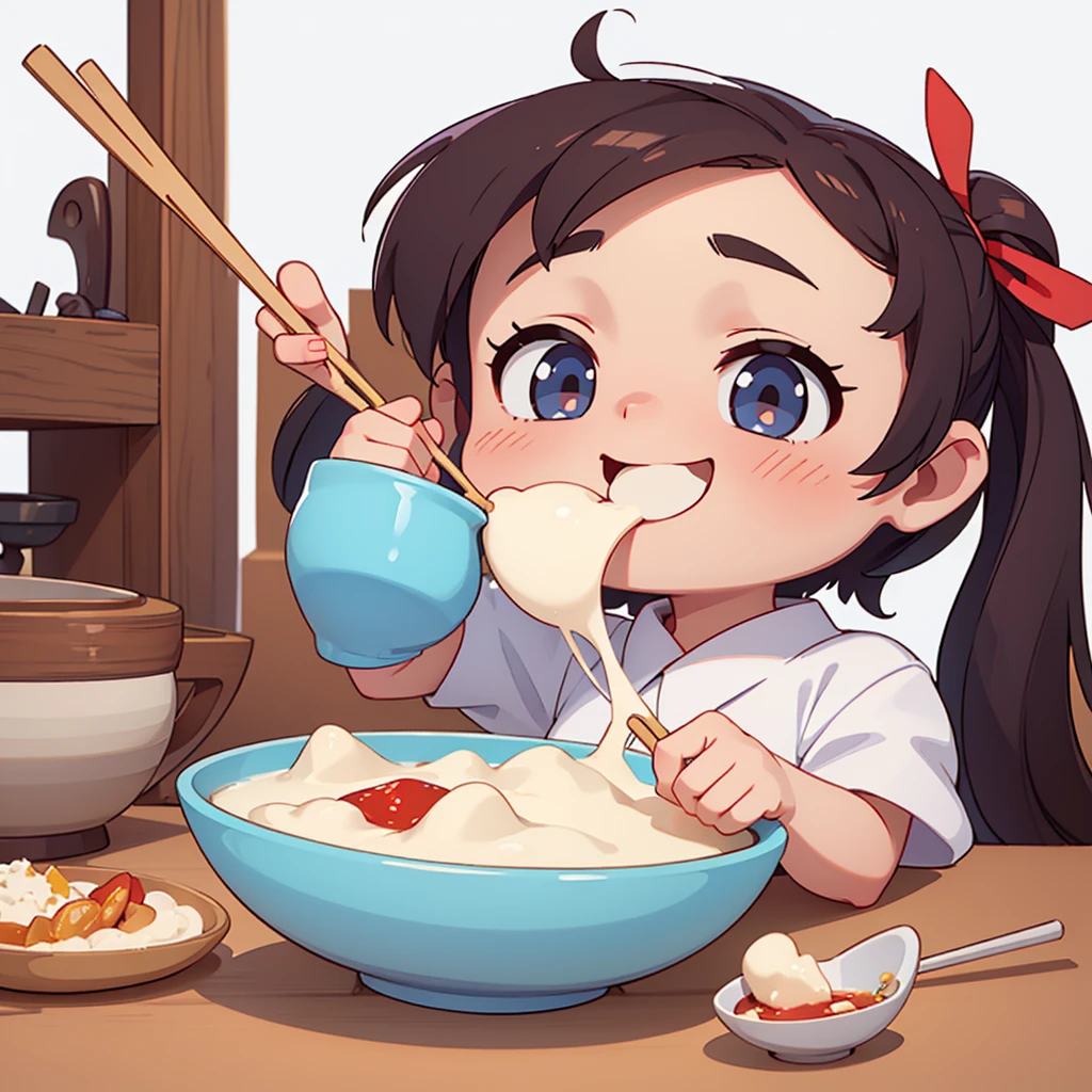 Pure white background,A baby eating with bowl and chopsticks,A smile on his face,Had a great time eating。 (high resolution), (8K), (Extremely detailed), (Best Illustration), (Best quality)