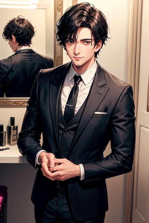 （（Tabletop））,Black-haired man, 30 years old, looking at the camera,Expressionless,Hazelnut Eyes,short hair,2 block hairstyle,Handsome face,Jacket,Suit pants