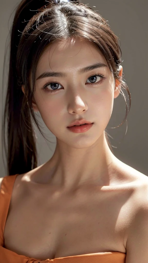 One woman,fully body photo,masutepiece, The highest image quality, High quality, the background is clear,Beautiful woman, Japanese, Detailed, Detailed eyes, Detailed skin, Beautiful skin, 超hight resolution, (reality: 1.4),Very beautiful woman, Slightly younger face, Beautiful skin, slender, (Ultra photo realsisim), (hight resolution), (8K), (Very detailed) (beautifully detailed eyes), (super detailed), (Detailed face), view the viewer, Fine details, Detailed face, Staring straight ahead, Staring straight ahead, photos realistic, Bright lighting, Professional Lighting, Black hair,poneyTail,a baby face,sixteen years old,Hairstyle is ponytail,long ponytail hairstyle,slight smile,Orange colored long dress with lots of ruffles, softly shaped skirt,Spotlight on stage,close-up of face,