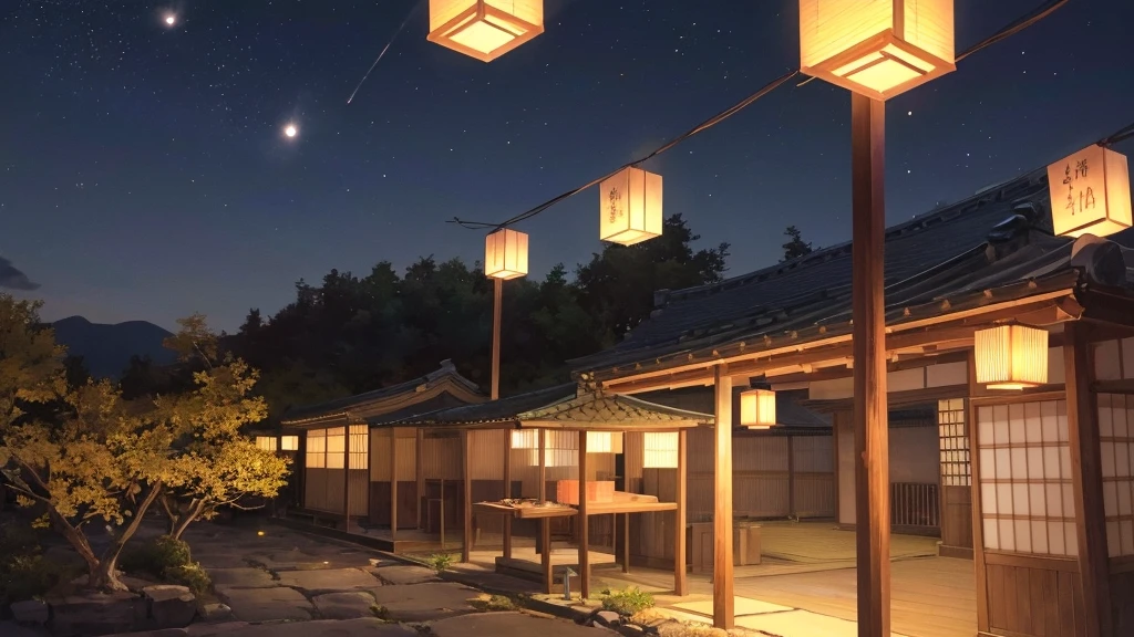 Depicting the end of the Japanese summer festival、A quiet and slightly lonely scene。Capturing a quiet moment after the festival。A few remaining lanterns cast a warm light in the night sky.。The overall atmosphere is quiet and a little lonely.、Evokes the bittersweet feeling of a late summer night