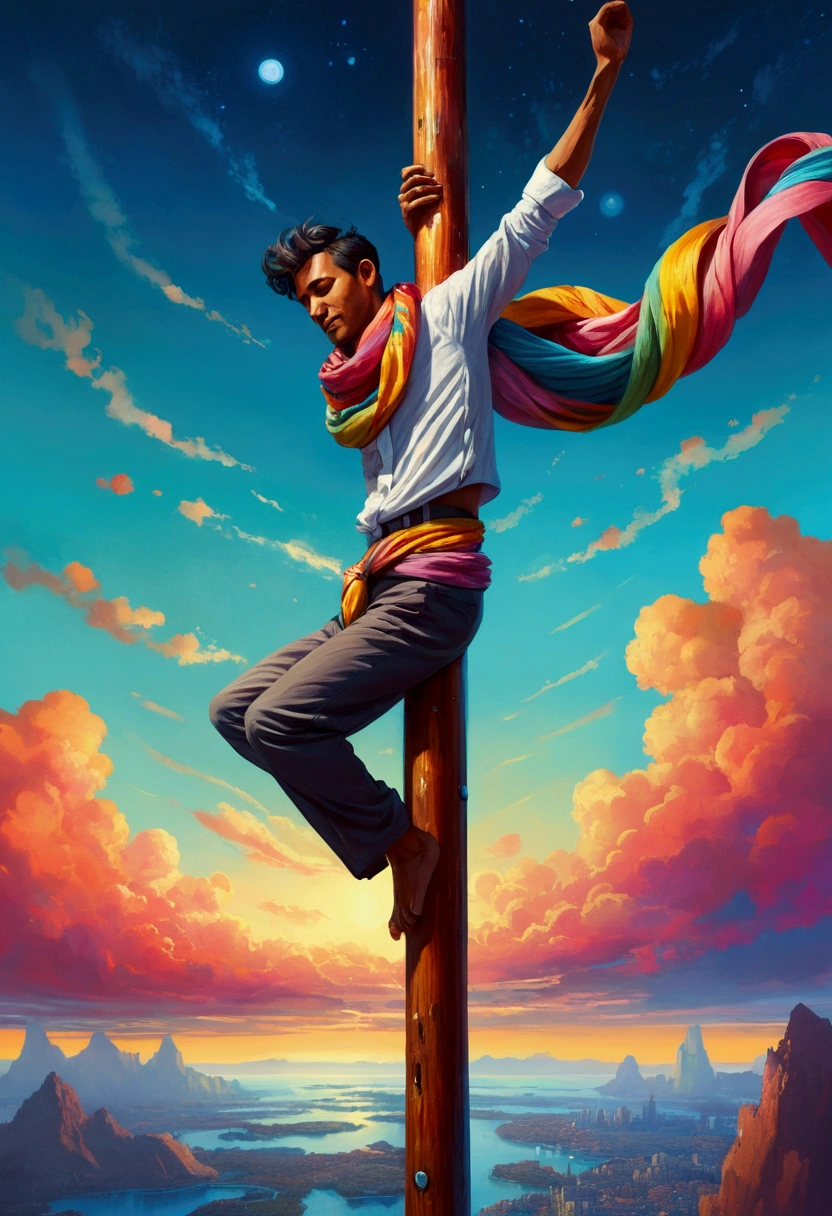 painting of a man on a pole with a colorful scarf, tithi luadthong, dancing on a pole, cyril rolando and goro fujita, inspired by Cyril Rolando, inspired by Michael Komarck, rob rey, beautiful painting of a tall, by Max Dauthendey, amazing wallpaper, ross tran 8 k, absolutely outstanding image