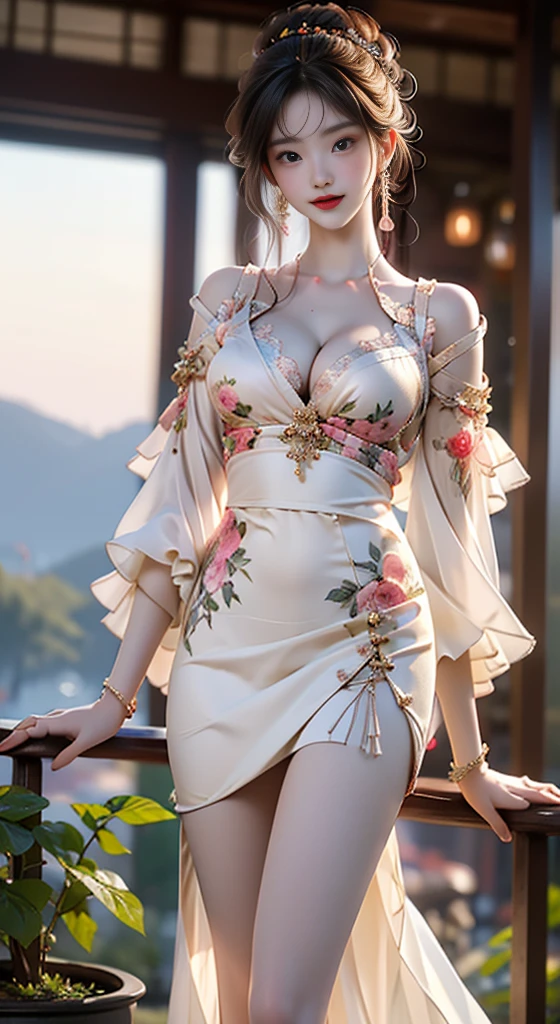 newchinesestylesuit,  ((whole body)), ((Chest Window, Visible cleavage)), Practical, Fashion Girl, Red lips, Mature women, cosmetic, big eyes, beautiful eyes, ((whole body)), ((From below)), (best quality, masterpiece:1.2), Very detailed, (Practical:1.37), ((Sexy long legs)), beautiful, Young and energetic, Charming model, Large Breasts, Clive Arch, (Exquisite eyes, Delicate lips, extremely Exquisite eyes), Show a bright smile, Create stunning girl images, warm color, Very high color saturation, Official Art, Extremely detailed CG unified 8k wallpaper,(High Dynamic Range :1.4), (Movie),(Soft colors, Dull Color, Soothing tone :1.3), (Natural skin texture, ultra-Practical, Soft Light, sharp),(Very detailed), night, moonlight, ((In the mountains, plant, Leaning against the rocks))