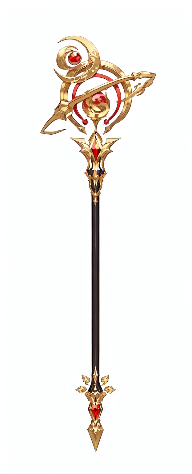 There is a golden and black staff,There is a red heart on it, Scepter, Dragon Staff, Wooden stick, intricate fantasy spear, Dragon Staff, metallic Scepter, POLEARM, Magic Wand, magic Wooden stick, ornate korean POLEARM behind her, wizard Magic Wand, fire staff, spear, glowing Dragon Staff, bone Scepter