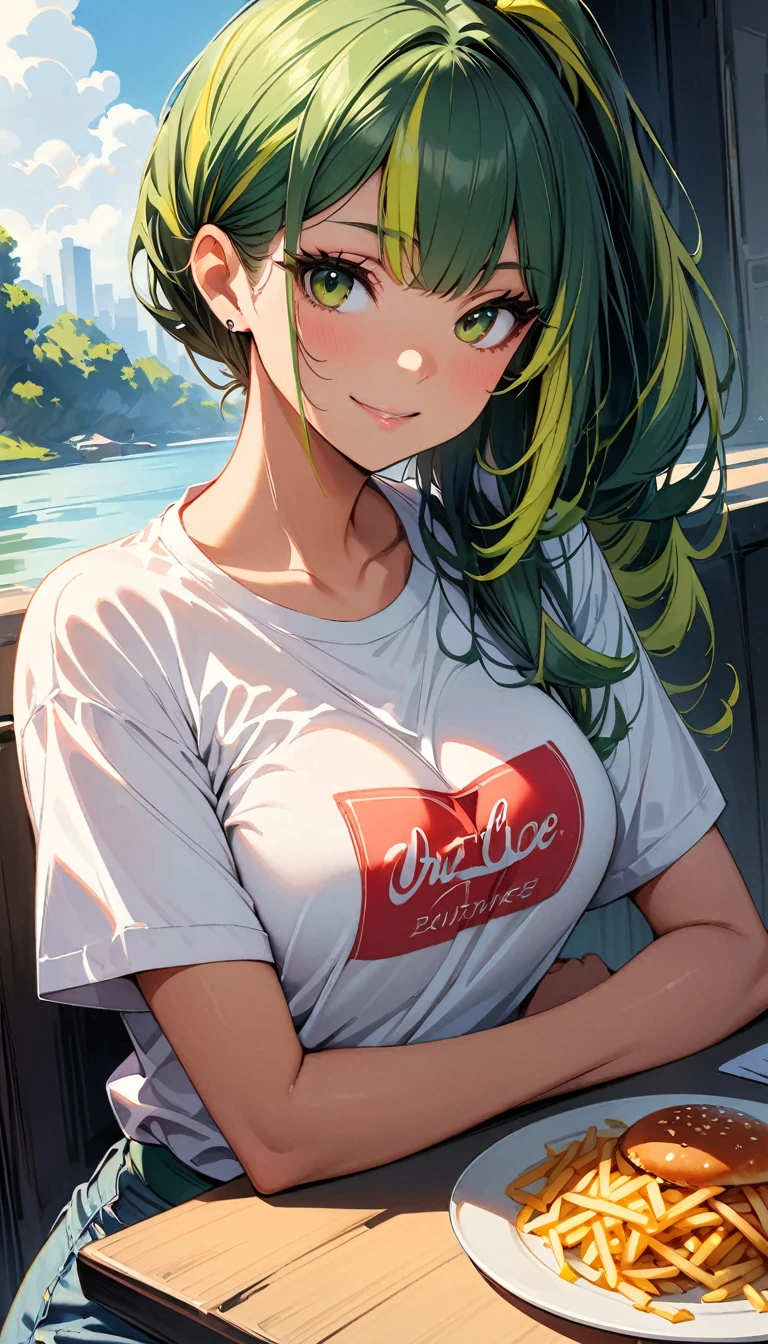(highest quality:1.2, Very detailed, up to date, Vibrant, Ultra-high resolution, High Contrast, masterpiece:1.2, highest quality, Best aesthetics), Portraiture、solo, girl、(slim:1), (25-years-old), Bright colors、Beautiful fine details、Beautiful lip detail、long hair、ponytail, white and yellow green ((streaked hair:1.6)), highlights hair: 1.5, (medium breast:1) , (tan skin:1.1), t-shirt, jeans, (sitting and eating hamburger half wrapped in paper:1), (cup of cola and french fries on the table), American style hamburger shop, smile, ((upper body:1))
