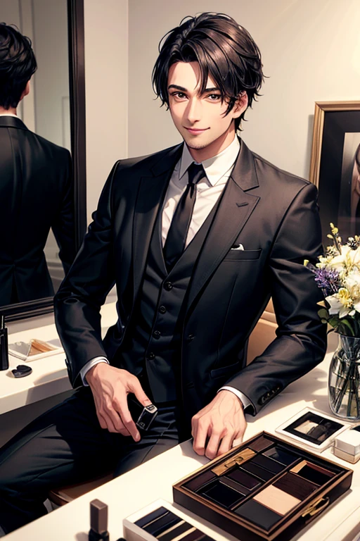 （（Tabletop））,Black-haired man, 30 years old, looking at the camera,Expressionless,Hazelnut Eyes,short hair,2 block hairstyle,Handsome face,Jacket,Suit pants