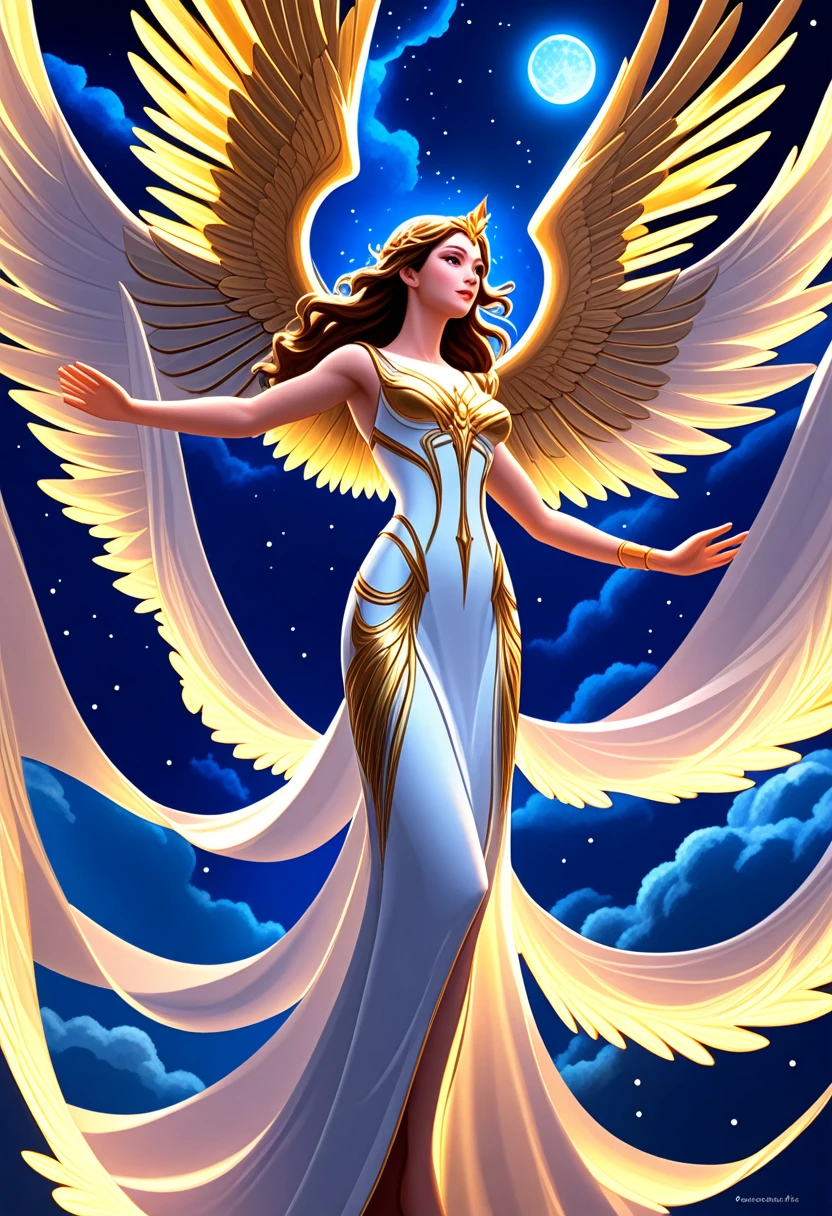 A painting of a host of angels in chorus, seen in profile, white robes, luminescent wings, dark indigo night sky background, in the style of comics, 8K octane render, award winning image, detailed facial features, intricate wing details, dramatic lighting, vibrant colors, dynamic composition, cinematic perspective