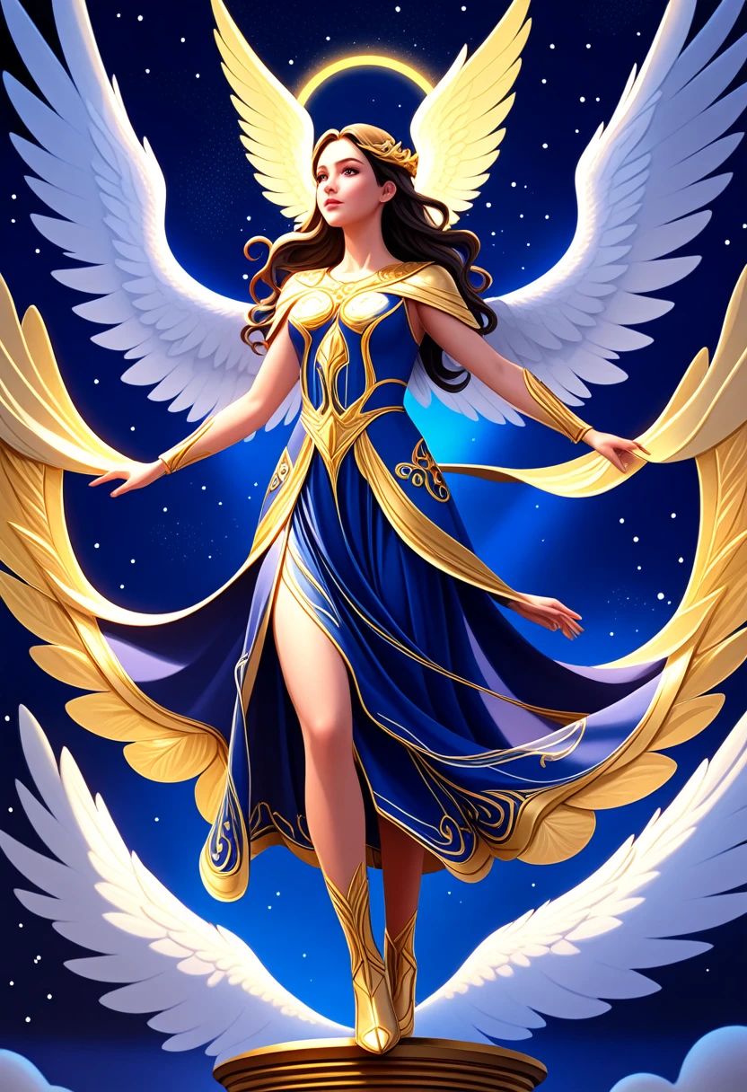 A painting of a host of angels in chorus, seen in profile, white robes, luminescent wings, dark indigo night sky background, in the style of comics, 8K octane render, award winning image, detailed facial features, intricate wing details, dramatic lighting, vibrant colors, dynamic composition, cinematic perspective