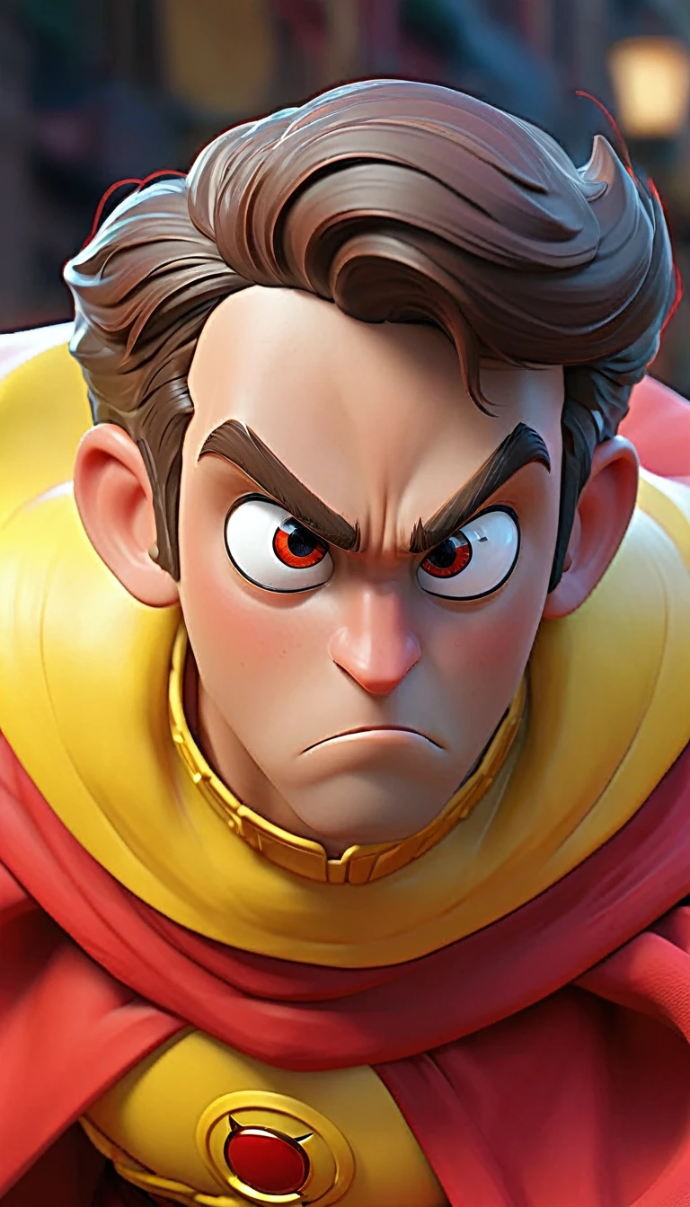 intricate detailed portrait of Omni-Man from Invincible, determined expression, glowing red eyes, red and yellow costume, flowing cape, Disney Pixar style, hyperrealistic, cinematic lighting, 8k, highly detailed, photorealistic, masterpiece