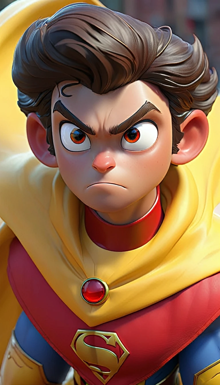 intricate detailed portrait of Omni-Man from Invincible, determined expression, glowing red eyes, red and yellow costume, flowing cape, Disney Pixar style, hyperrealistic, cinematic lighting, 8k, highly detailed, photorealistic, masterpiece