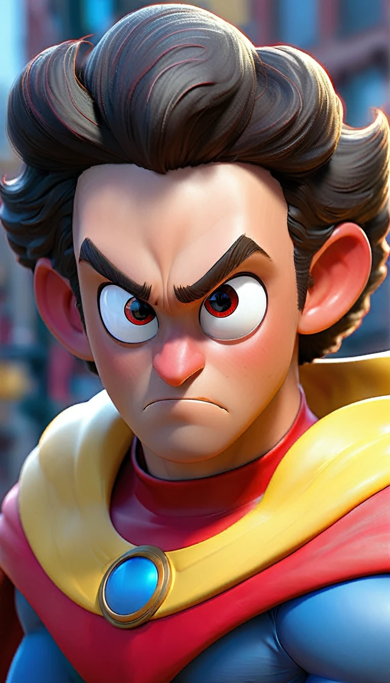 intricate detailed portrait of Omni-Man from Invincible, determined expression, glowing red eyes, red and yellow costume, flowing cape, Disney Pixar style, hyperrealistic, cinematic lighting, 8k, highly detailed, photorealistic, masterpiece