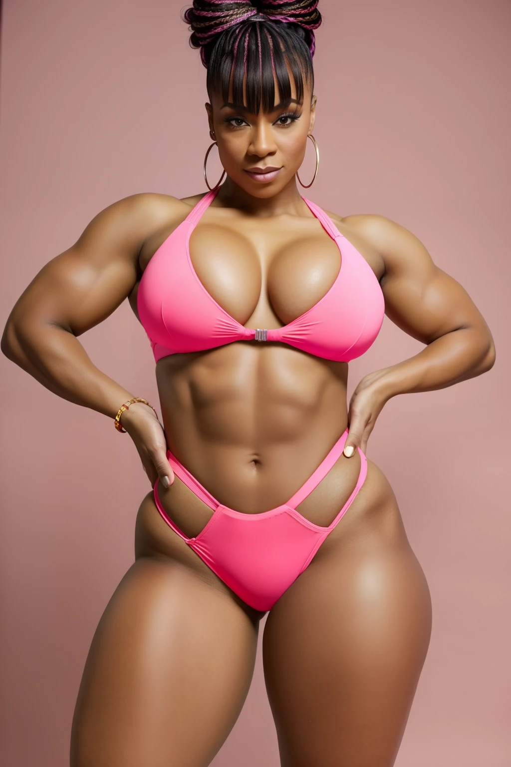 Objective: Capturing the essence of Neon Womancore,
Neon orange backdrop, featuring HUGE ASS HyperAss Women in a vaporwave style with sharp focus:2,
Showcasing sexy muscular abs, accentuated by the striking beauty of CherokeeDass, Vixen, Selenis Leyva, and Blac Chyna,
Adorned with tiny, very short (rococo) hair in a sophisticated mohawk hairstyle,
With massive hips that far exceed a circumference of 200 inches, boasting impossibly small tiny waist abs waistline,
Boasting massively immense hip measurements, accentuated by bright lil