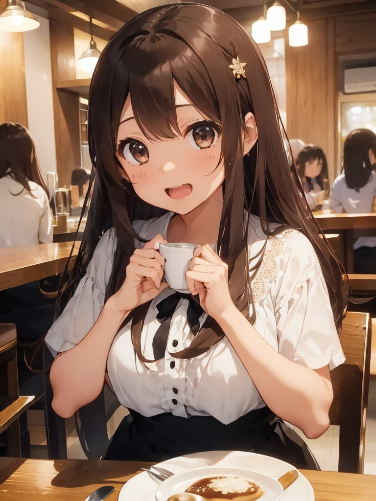 (With a girl、、Brown hair、Semi-long hair、Straight hair、hair ornaments、Light brown eyes、Laughter、、Cute Face)、masterpiece、Highest quality、Blouse with lace、Black trousers、restaurant、toast、coffee