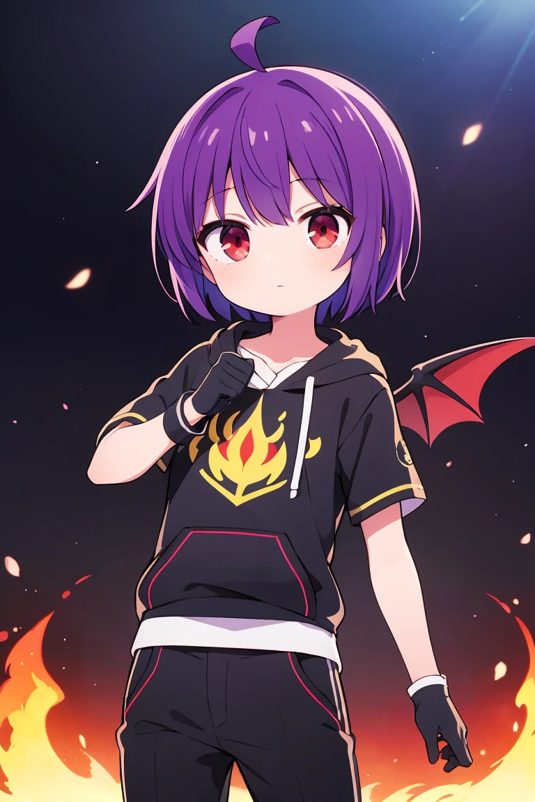 ((masterpiece, Highest quality, Very detailed)), Ahoge, Purple Hair, short hair, Red eyes, Black glove on one hand, Bat Wings, Indigo short sleeve hoodie, Black trousers, Manipulating the flames, boy, Mini character, Character portrait, solo