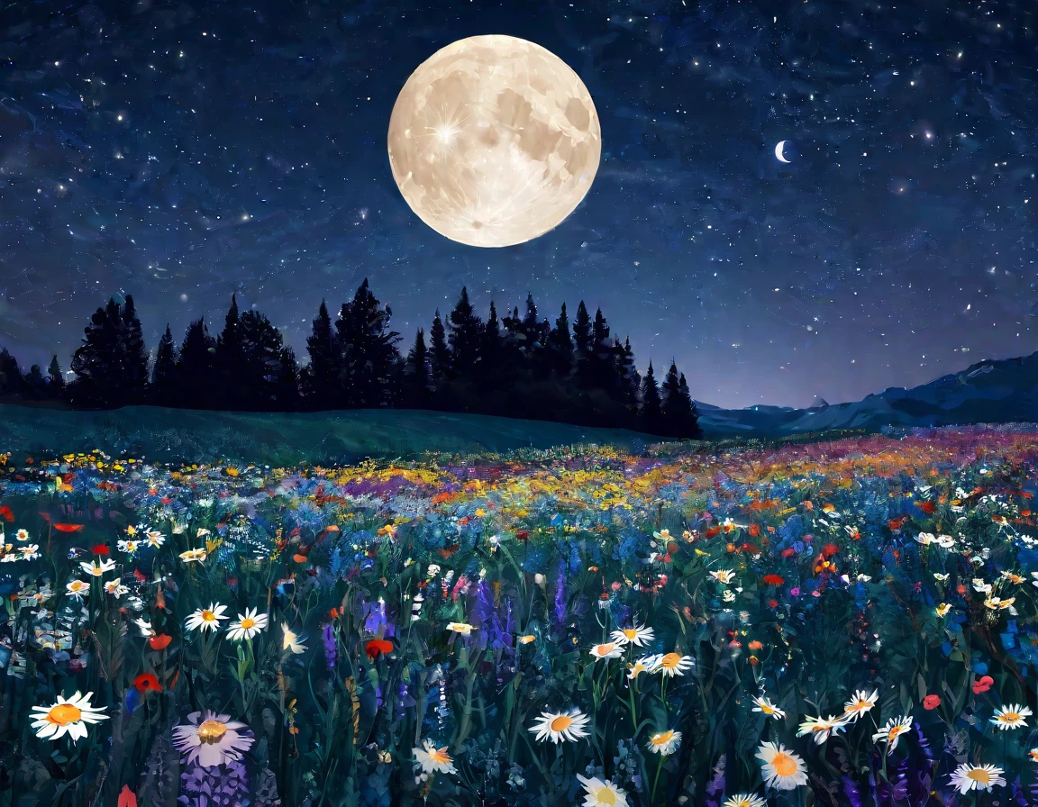 Wildflowers，The night sky is full of flowers，✨🕌🌙，Beautiful as the moon，Moonlight at night，Hippie in the cabin，Hannah Moon，Moonlight，Flower fields at night，Traditional Moon，Moonlight Night