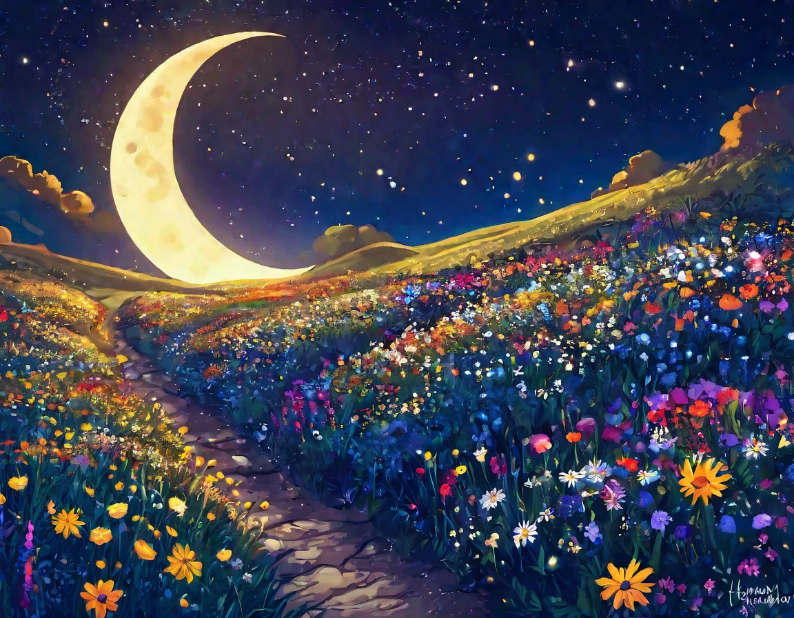 Wildflowers，The night sky is full of flowers，✨🕌🌙，Beautiful as the moon，Moonlight at night，Hippie in the cabin，Hannah Moon，Moonlight，Flower fields at night，Traditional Moon，Moonlight Night