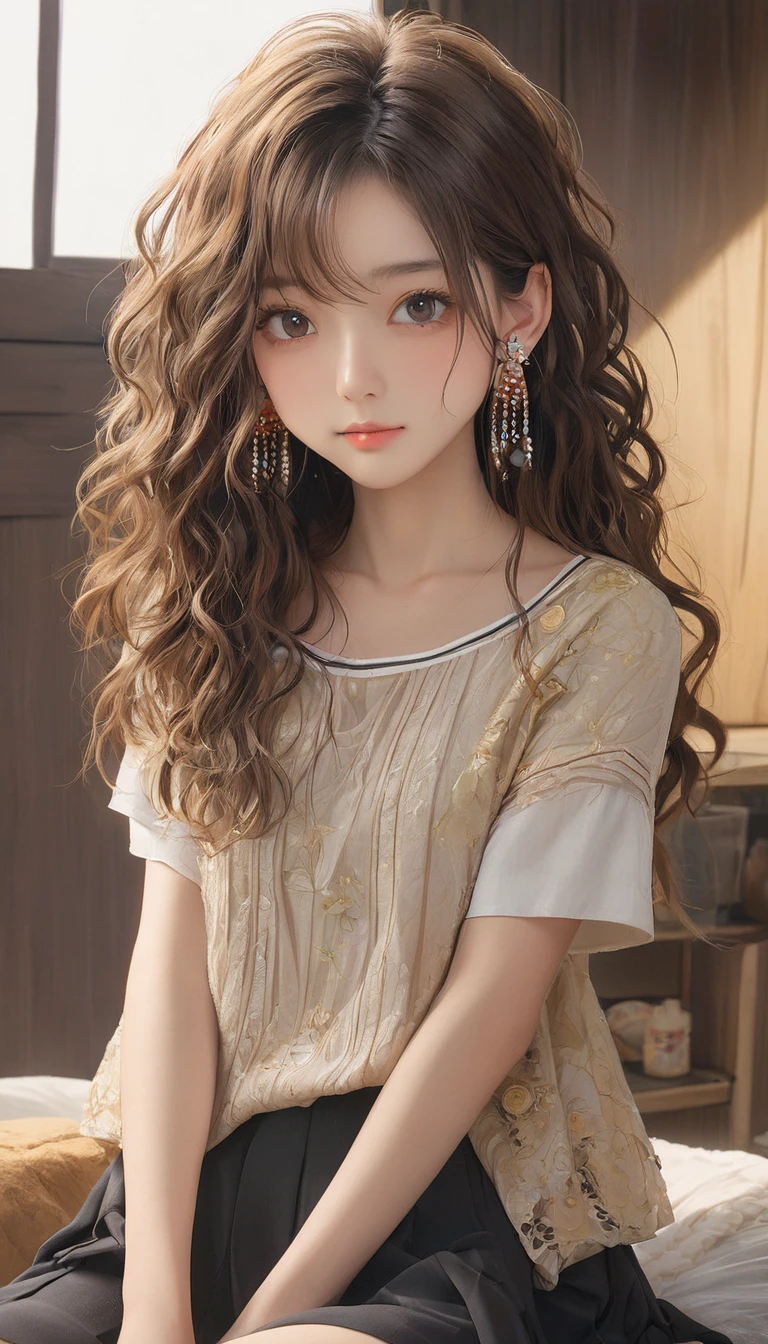 (masterpiece, Highest quality:1.2), One girl, alone,bony body、15 years old、Frizzy hair、Earrings