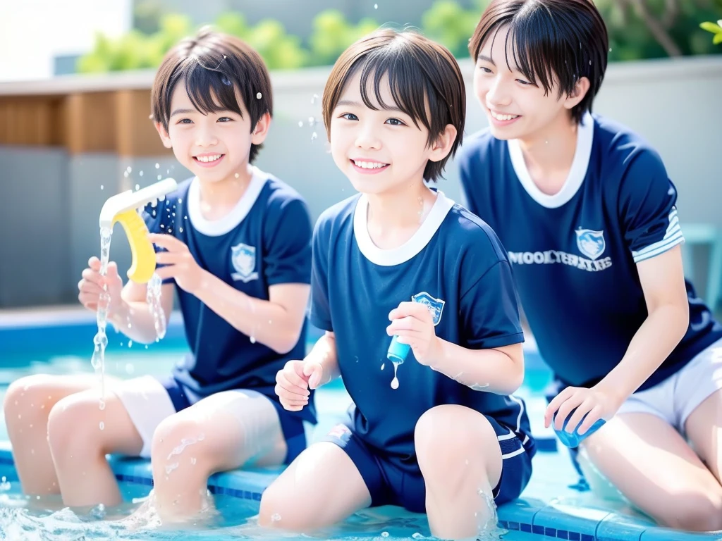 hot summer、、Summer swimming pool、It is sunny、Pouring water on each other、Audible laughter、Boys' school、Get wet all over、Japan Boy、Glowing water splashes、Pool lessons、Boy playing in water、The happy boys、Strong sunlight、Short sleeve gym uniform、Blue shorts、barefoot，There are only boys 、１０age、Highest quality、masterpiece