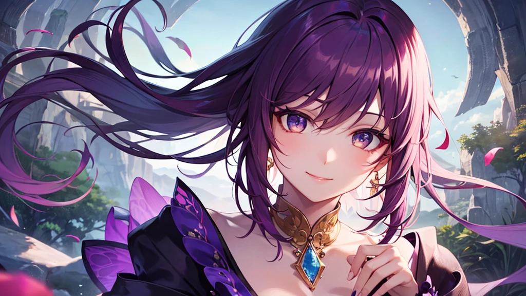 Highest quality, 8k, 4K, High resolution, High Contrast,1girl,only,Beautiful dark purple hair,(Beautifully detailed face), Yellow clear eyes, beautiful eyes, A gentle expression of love, smile, 20generation, Beautiful breasts, Wearing an amethyst, Deep purple gemstone, Based on purple, Detailed and beautiful natural scenery, Noble Japanese Clothing
