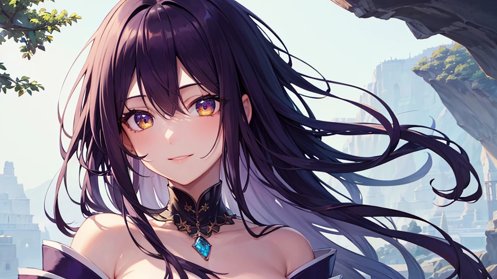 Highest quality, 8k, 4K, High resolution, High Contrast,1girl,only,Beautiful dark purple hair,(Beautifully detailed face), Yellow clear eyes, beautiful eyes, A gentle expression of love, smile, 20generation, Beautiful breasts, Wearing an amethyst, Deep purple gemstone, Based on purple, Detailed and beautiful natural scenery, Noble Japanese Clothing