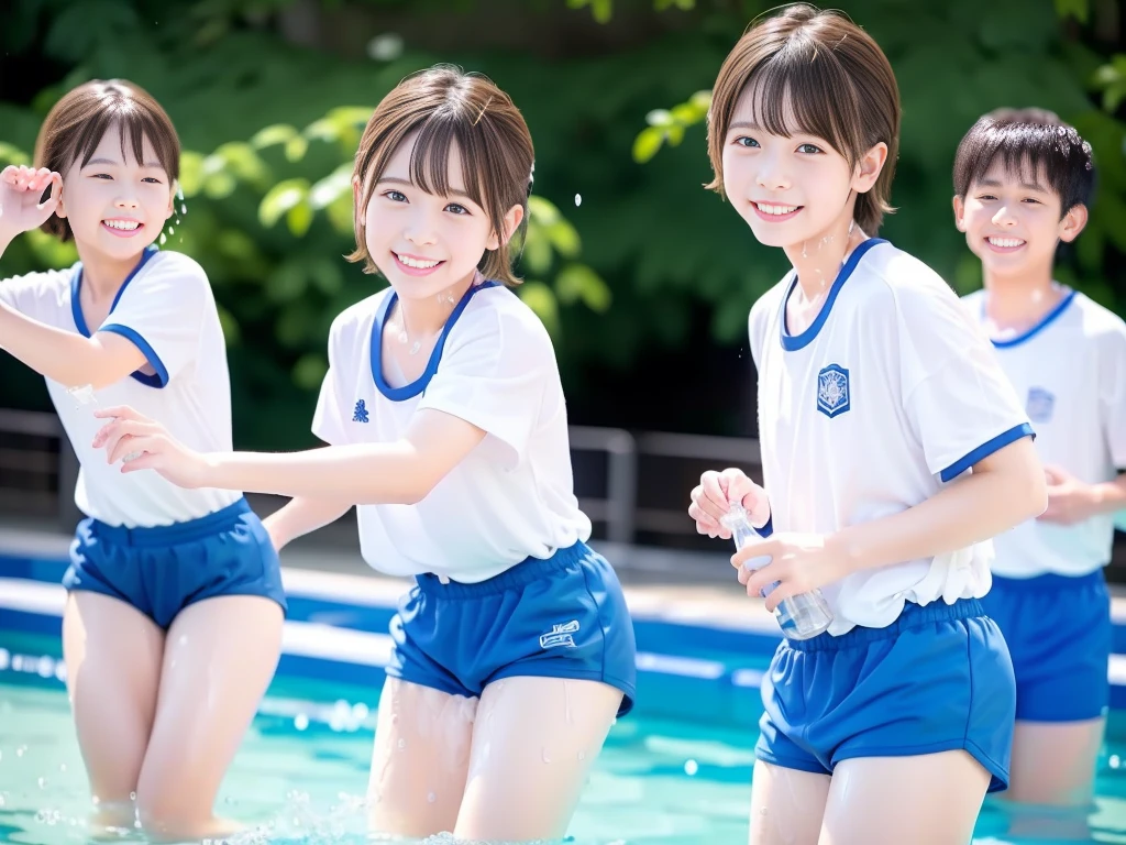 hot summer、primary school、Summer swimming pool、It is sunny、Pouring water on each other、Audible laughter、Boys' school、Get wet all over、Japan Boy、Glowing water splashes、Pool lessons、Boy playing in water、The happy boys、Strong sunlight、Short sleeve gym uniform、Blue shorts、barefoot，There are only boys 、１０age、Highest quality、masterpiece