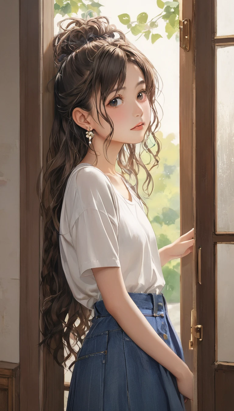 (masterpiece, Highest quality:1.2), One girl, alone,bony body、15 years old、Frizzy hair、Earrings