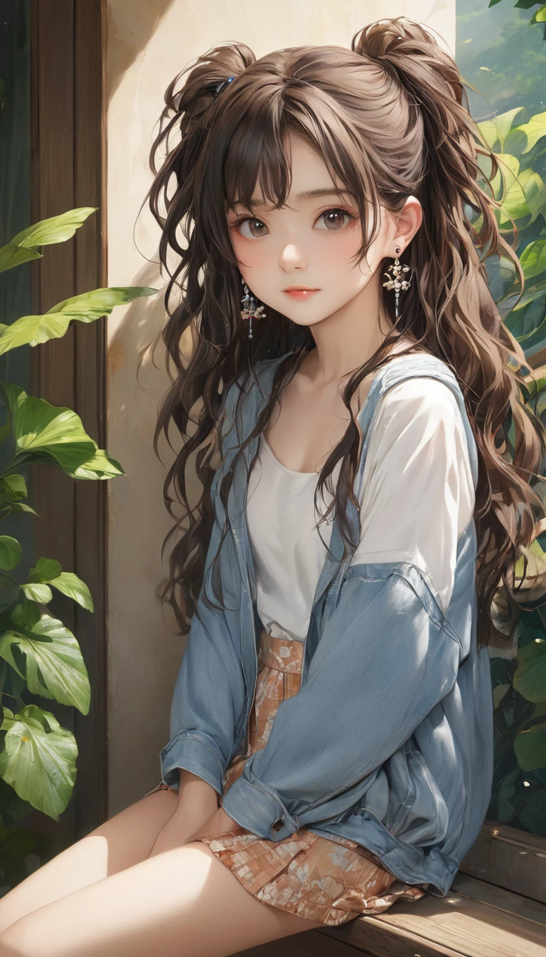 (masterpiece, Highest quality:1.2), One girl, alone,bony body、15 years old、Frizzy hair、Earrings