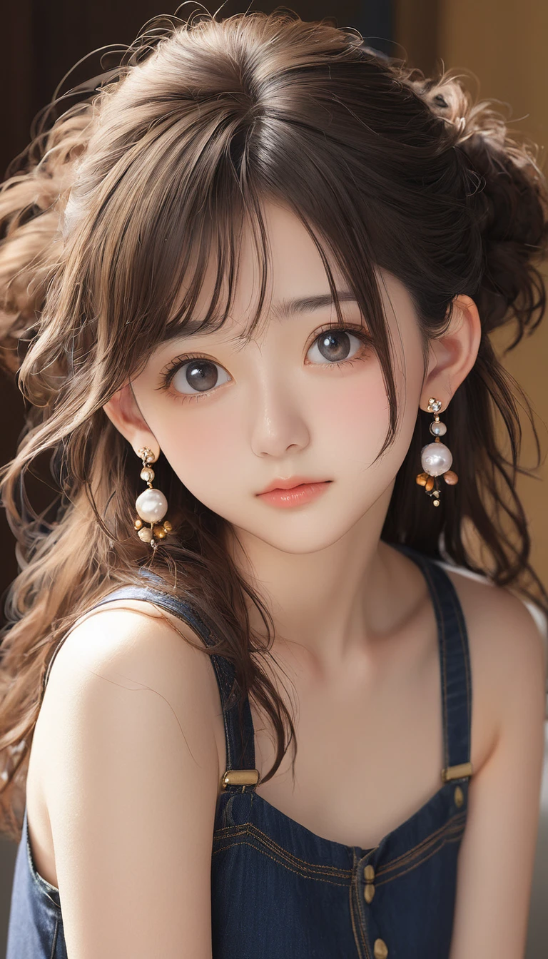 (masterpiece, Highest quality:1.2), One girl, alone,bony body、15 years old、Frizzy hair、Earrings