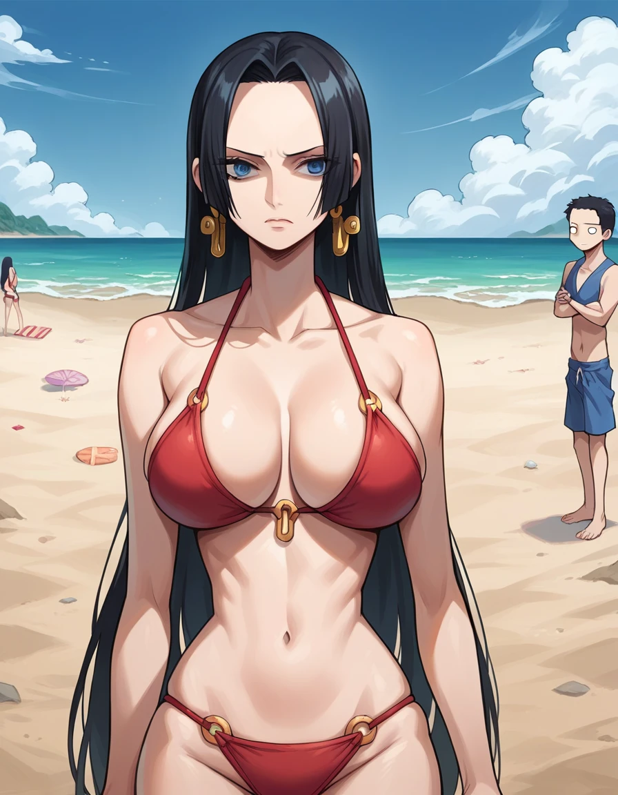 score_9, score_8_up, score_7_up, source_anime, best quality, clear face, 1girl, Boa Hancock, black hair, long hair, blue eyes, forehead, large breasts, perfect body, bikini, beach, standing