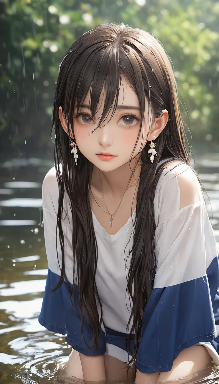 (masterpiece, Highest quality:1.2), One girl, alone,bony body、15 years old、wet hair、Earrings