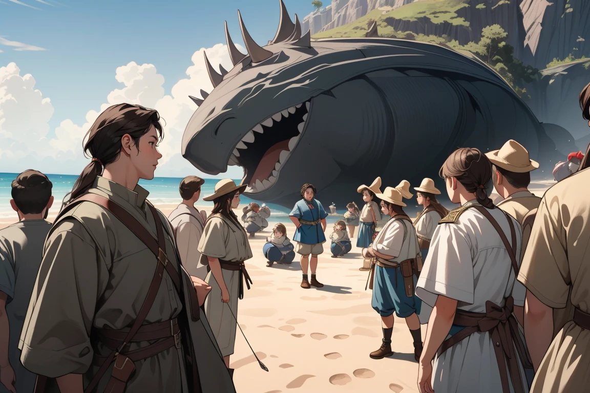 masterpiece, best quality, (extremely detailed CG unity 8k wallpaper), (best quality), (best illustration), (best shadow), absurdres, realistic lighting, (Abyss), beautiful detailed glow, Gulliver's Travels, Captain Gulliver tied up on the beach, surrounded by an army of dwarfs,