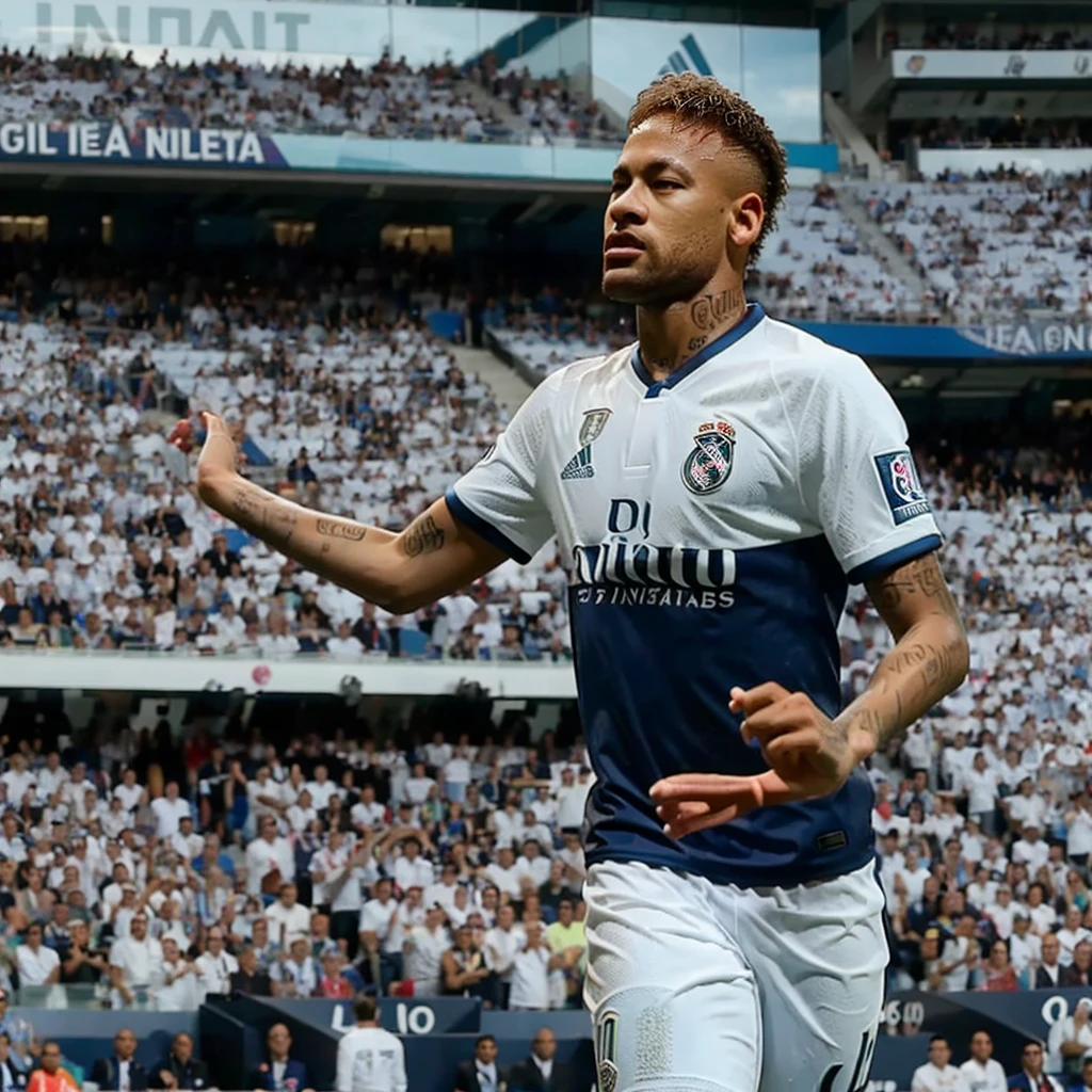Neymar JR, in a stadium, Estradio Santiago Bernabéu, wearing Real Madrid shirt, realistic, bright lights, bowing to the camera, handsome, Neymar Jr, wearing Real Madrid shirt, real Madrid football club, white shirt, real Madrid CF shirt, bicycle kick, goal score, goal celebration