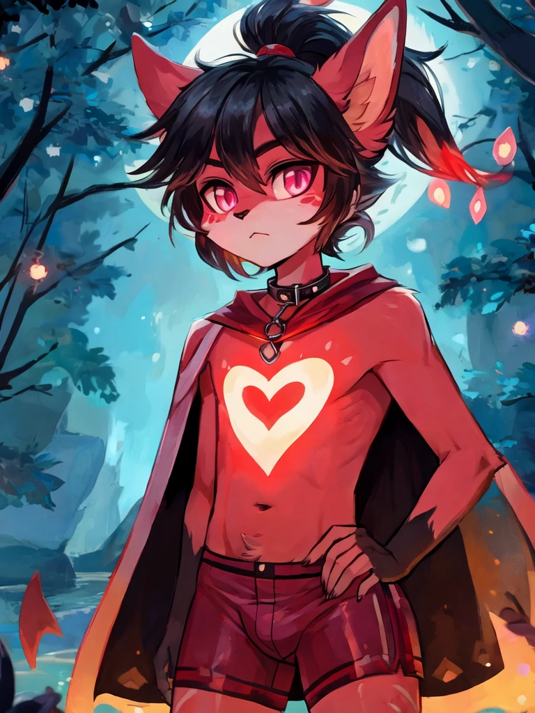 (furry:1.5), rabbit male, pink eyes, red skin, black hair, black short hair ponytail, ears covered by hair, female appearance, black hand, bunny black bare feet, glowing Heart-shaped mark on chest, (ultra detailed), shy, soft, (detailed fur:1.2), beautiful lights and shadows, sharp focus, looking at viewer, (body fur:1.2), (masterpiece), demon elements on body, (Depth of Field), (detail), red hairpin, rubber collar, cloak, dolphin shorts, bulge, nude, with rich contrasting tones of black and red, handsome, normal body type, Acting cute, standing in the night forest,  (solo, The only person), (best quality, 4k,8k, highers, masterpiece:1.2), glowing lake, Moonlight and star decoration, femboy, shota