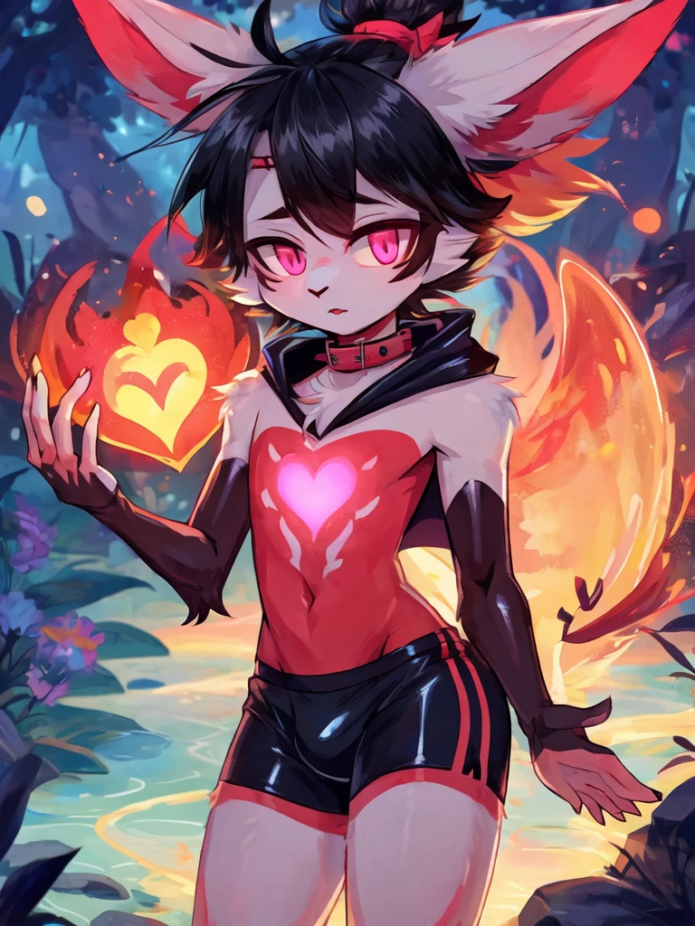 (furry:1.5), rabbit male, pink eyes, red skin, black hair, black short hair ponytail, ears covered by hair, female appearance, black hand, bunny black bare feet, glowing Heart-shaped mark on chest, (ultra detailed), shy, soft, (detailed fur:1.2), beautiful lights and shadows, sharp focus, looking at viewer, (body fur:1.2), (masterpiece), demon elements on body, (Depth of Field), (detail), red hairpin, rubber collar, cloak, dolphin shorts, bulge, nude, with rich contrasting tones of black and red, handsome, normal body type, Acting cute, standing in the night forest,  (solo, The only person), (best quality, 4k,8k, highers, masterpiece:1.2), glowing lake, Moonlight and star decoration, femboy, shota