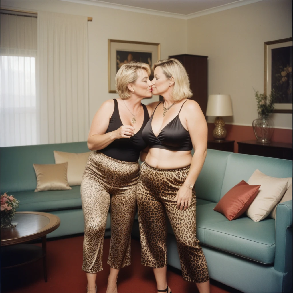 AnalogRedmAF, polaroid, Two lesbian Mature australian mums(Big Breasts, Busty, Parted blonde blonde highlighted Haircut, Kissing each other) . Wearing Wrapped lantern tight top with a pendant - tucked into Leopard Satin Capri pants and heeled wedge shoes . Australian suburb Living room