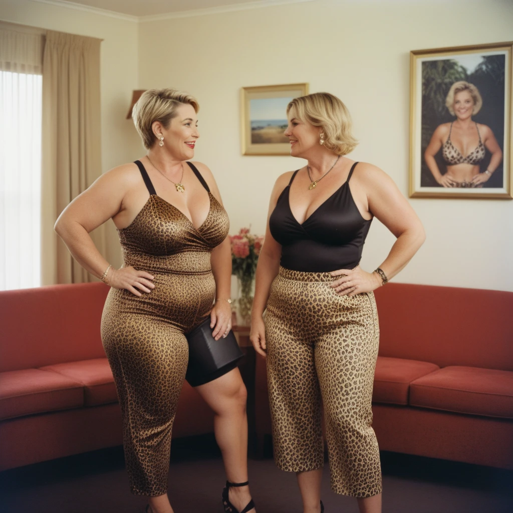 AnalogRedmAF, polaroid, Two lesbian Mature australian mums(Big Breasts, Busty, Parted blonde blonde highlighted Haircut, Kissing each other) . Wearing Wrapped lantern tight top with a pendant - tucked into Leopard Satin Capri pants and heeled wedge shoes . Australian suburb Living room