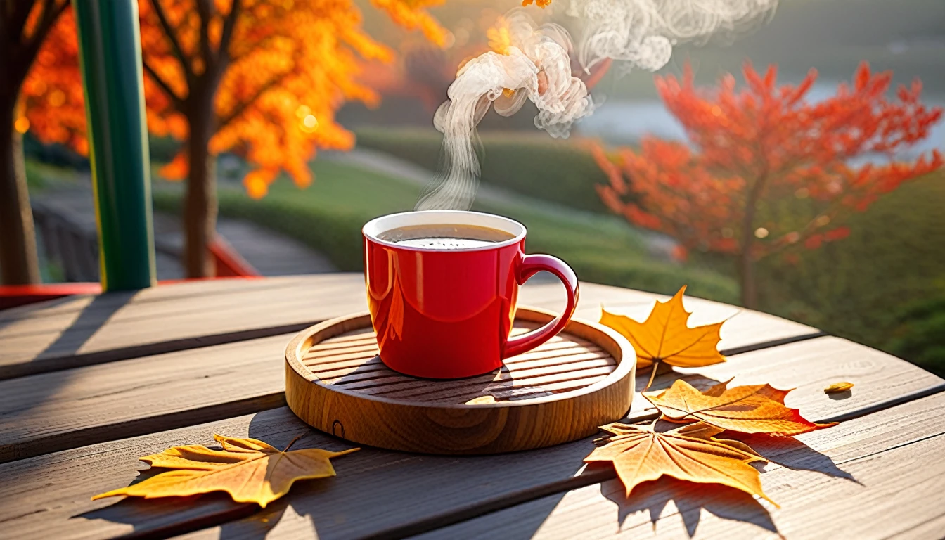Create an image of a cozy autumn atmosphere by featuring a steaming red cup on a wooden coaster. The cup is adorned with a design of fallen leaves that matches the orange leaves scattered around it. Ripe and cut figs lie nearby, and the scene is illuminated by the warm light of the morning sun, which hints at a peaceful morning atmosphere. This atmosphere is enhanced by the potted plants that add to the serene atmosphere. and the beautiful natural scenery in the background.