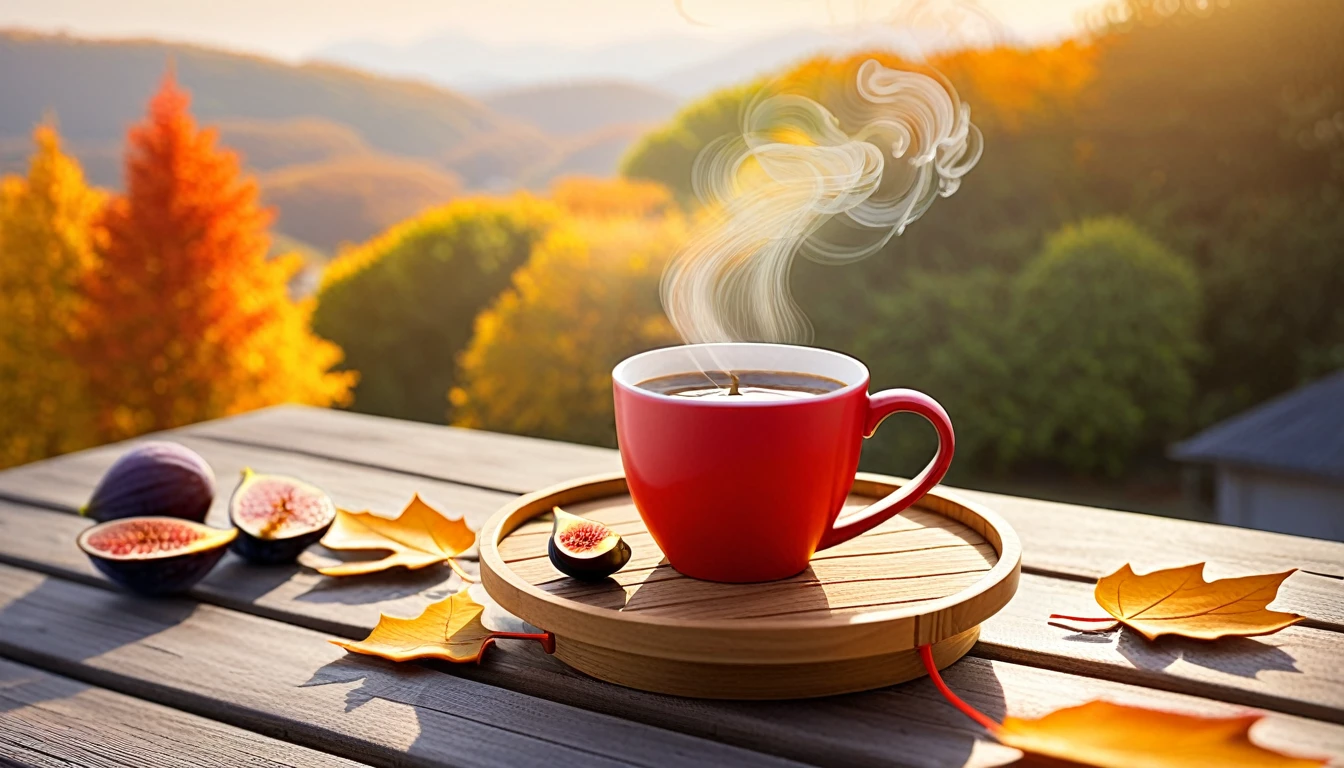 Create an image of a cozy autumn atmosphere by featuring a steaming red cup on a wooden coaster. The cup is adorned with a design of fallen leaves that matches the orange leaves scattered around it. Ripe and cut figs lie nearby, and the scene is illuminated by the warm light of the morning sun, which hints at a peaceful morning atmosphere. This atmosphere is enhanced by the potted plants that add to the serene atmosphere. and the beautiful natural scenery in the background.