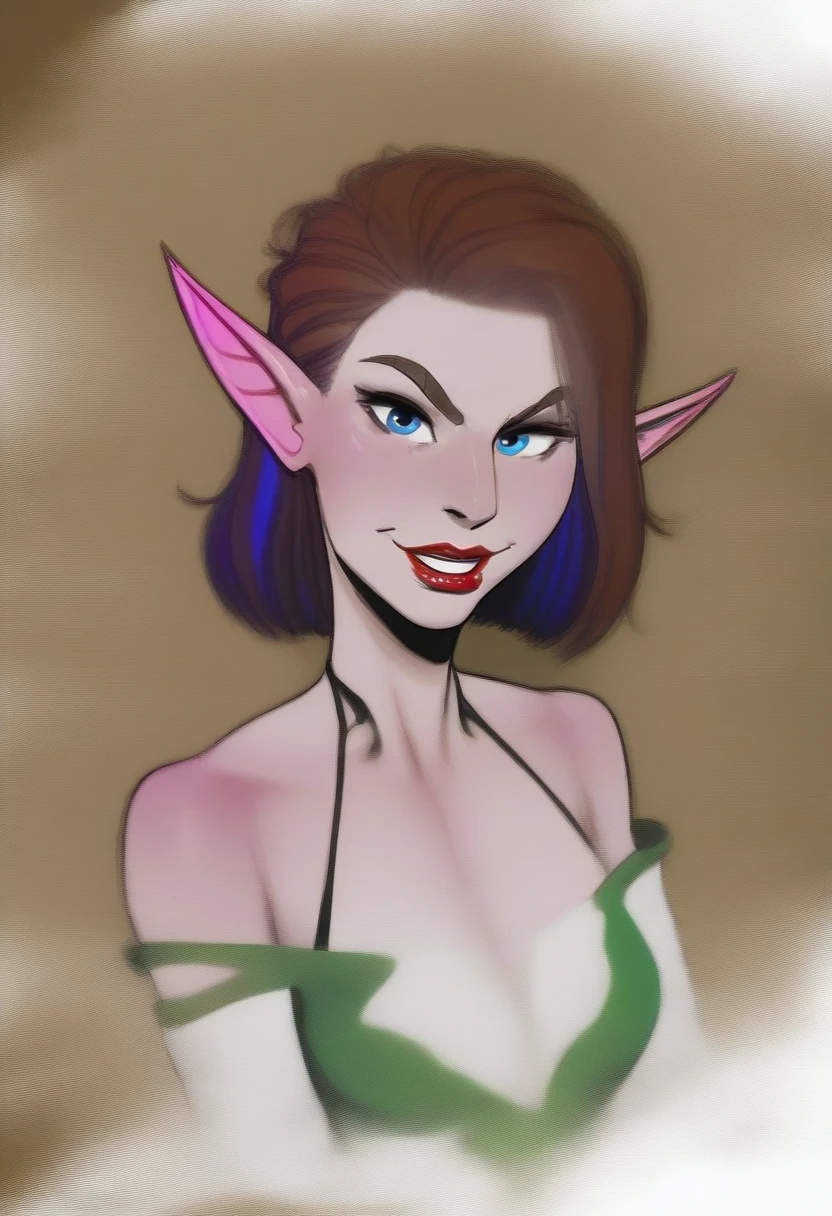 ((masterpiece, best quality)), (incase style), female elf smirks at viewer, lipstick, upper body: bare shoulders, skinny