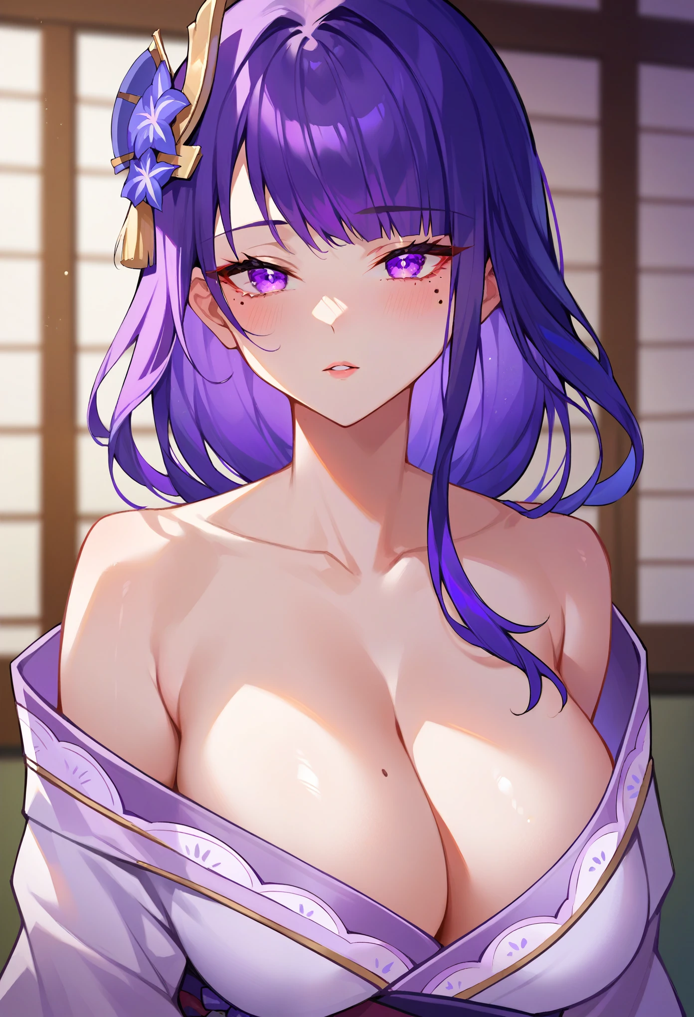 
solo, long hair, breasts, looking at viewer, blush, bangs, large breasts, hair ornament, cleavage, purple eyes, upper body, purple hair, parted lips, japanese clothes, kimono, mole, mole under eye, raiden shogun

