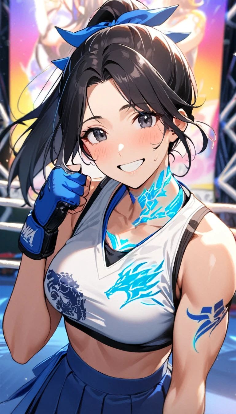 1girl,long face, tattoo on her face,matured , ponytail black hair,hair ribbons ,black eyes, ,blue skirt,joyful, standing,blue glowing dragon tattoos on her neck,glowing tattoo on her face,making a first, MMA gloves,perfect body,colourful beautiful school festival as the background,
