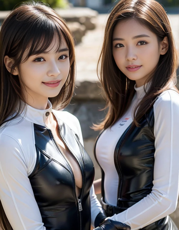 (1 girl)、highest quality、masterpiece、超A high resolution、(Photoreal:1.4)、Raw photo、1 girl、Wet Hair、hot、Sweat、(Wear skin-tight leather racing suits)、female rider、Long sleeve,、Leather Racing Gloves、Portraiture、Shadow、Octane Rendering、8k、Ultra Sharp、Metal、Intricate decorative detailore about Japan、Very intricate detail、Realistic Light、(smile)、Shining Eyes、To the camera、Small LED、close