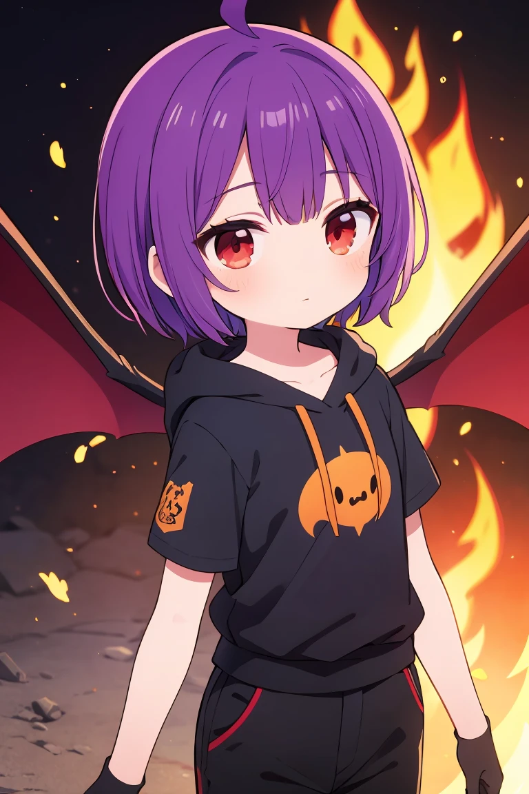 ((masterpiece, Highest quality, Very detailed)), Ahoge, Purple Hair, short hair, Red eyes, Black glove on left hand, Bat Wings, Indigo plain short sleeve hoodie, Black trousers, boy, Mini character, Character portrait, solo, Clothed in flames