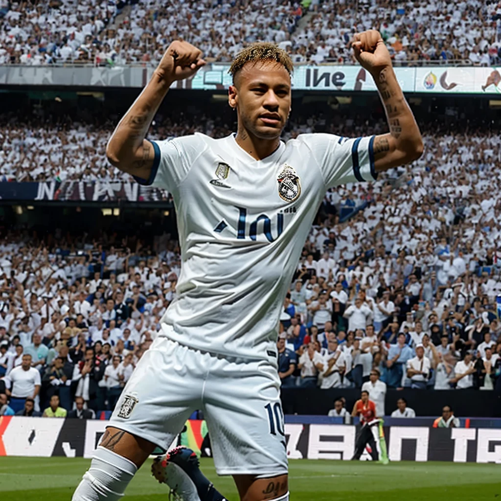 Neymar JR, in a stadium, Estradio Santiago Bernabéu, wearing Real Madrid shirt, realistic, bright lights, bowing to the camera, handsome, Neymar Jr, wearing Real Madrid shirt, real Madrid football club, white shirt, real Madrid CF shirt, bicycle kick, goal score, goal celebration