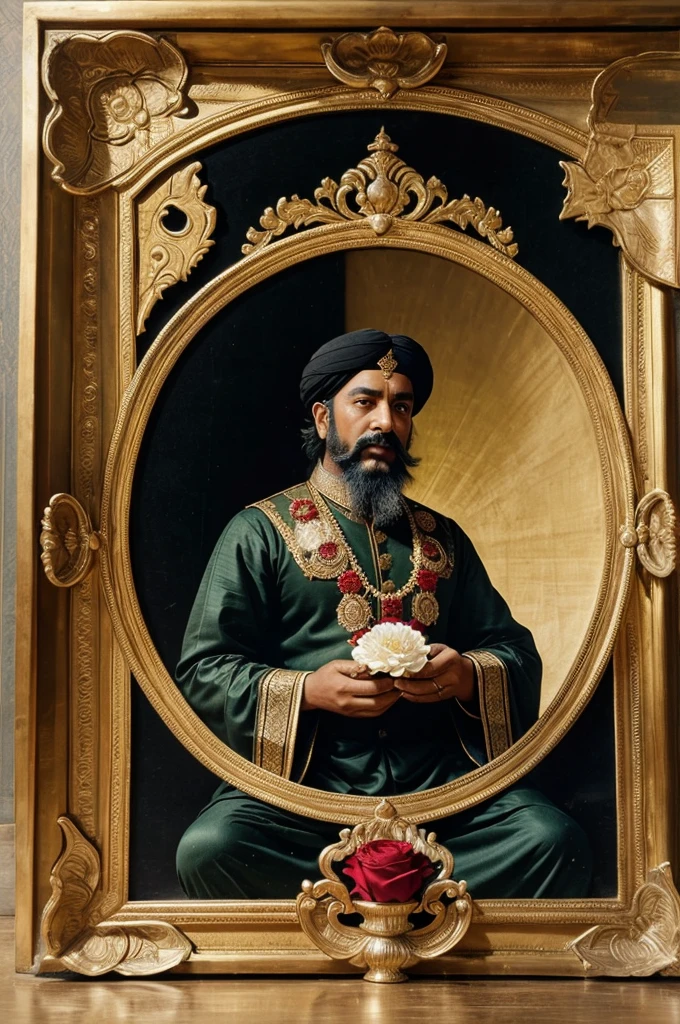 ((best quality)), ((masterpiece)), (detailed), perfect face
A big sized antique bordered photo frame of Mughal emperor shahjahan and his 4 male court persons, in that photo frame where shajahan sitting in front on round shaped throne, he is holding a single red rose flower in right hand and another hand is on head rest pillow. Head and eye is facing towards rose and 4 male court persons standing behind him in Mughal black dress, background to them will be nature scenery