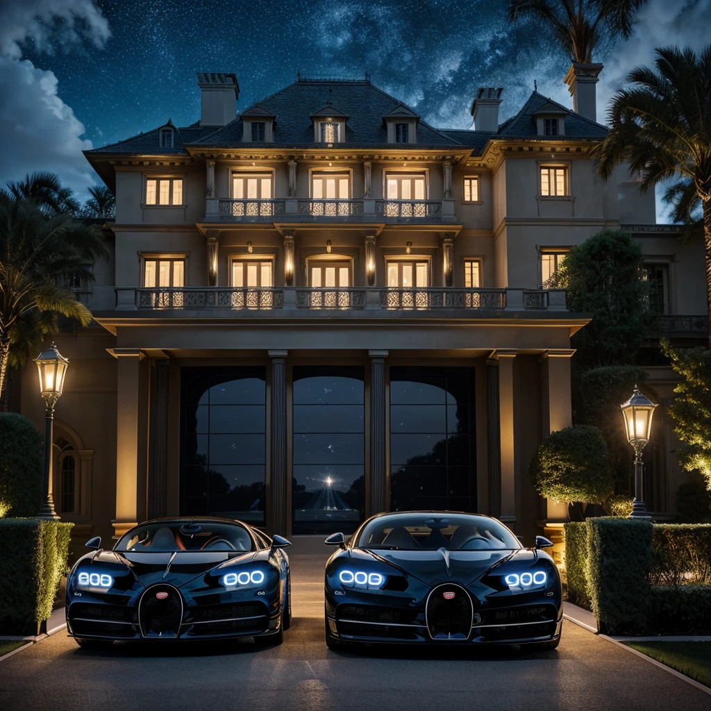 Two brothers in their Bugatti Chiron waiting in front of their luxurious house at night, with the car's sleek design illuminated by the glow of the mansion's lights. The scene is filled with opulence, showcasing the grandeur of the house with its tall windows and intricate architecture, all under a starry sky