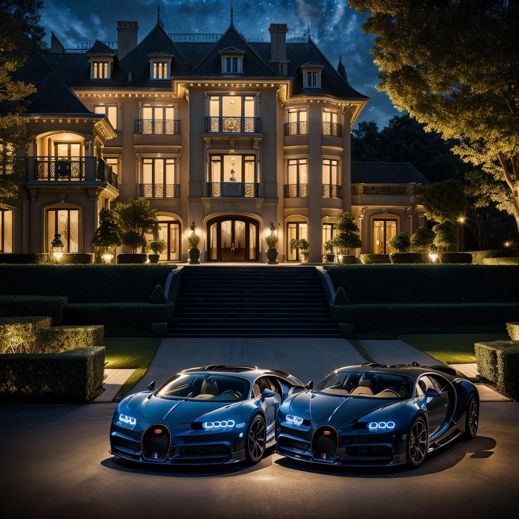 Two brothers in their Bugatti Chiron waiting in front of their luxurious house at night, with the car's sleek design illuminated by the glow of the mansion's lights. The scene is filled with opulence, showcasing the grandeur of the house with its tall windows and intricate architecture,   all under a starry sky