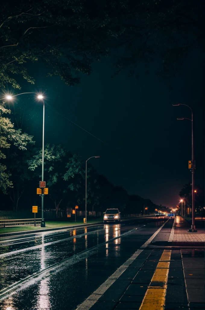 Night city, a bench, flashlight, rain, Road, Passing Cars