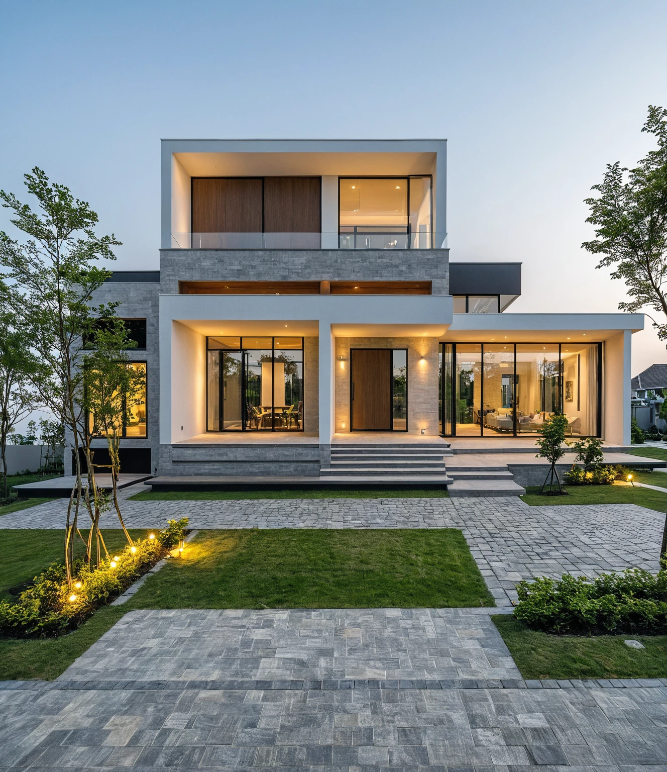 Perspective of a modern house with a large enough front yard, main materials are light yellow walls, stone and wood, a road running in front of the house, (RAW photo, real, best quality, masterpiece: 1.2), current view modern minimalist, 1 street in front of house, shime ring light, indoor brightness:1.2, dynamic lighting:1.3, (hyper-realistic, photo-realistic:1.2), high quality, daylight, contrast high:0.5 perfect light, Archdaily, contemporary masterpiece award, award winning contemporary, beautifully designed masterpiece, spacious modern mansion, modern neo-traditional, wide angle exterior 2022 , mid-century modern, contemporary home, stylish modern feel, long front view, award-winning modern design, stunning lines, residential, exquisite details, indoors gently:1.3