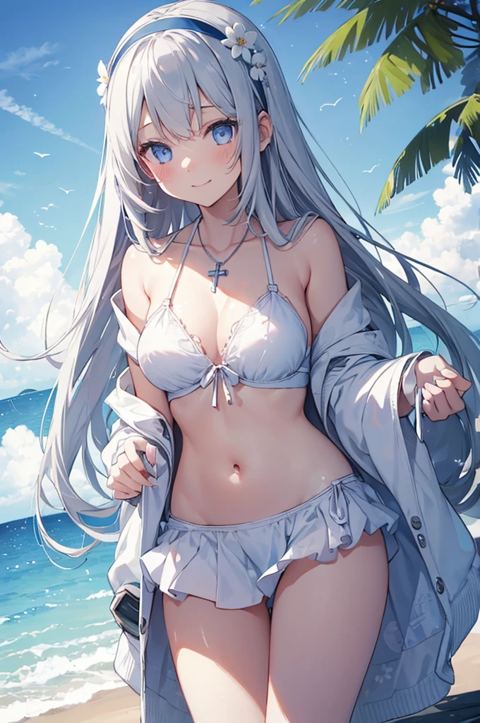 ((girl kawaii)), a extremely delicate and beautiful girl, beautifully painted, cute, sense of digital, best detailed girl, lying on the lake, wet, girl, young, long hair blown up, Hair with flower, (grey hair), cute face, (smile), complex details beautiful and delicate eyes, closed mouth, (large breasts), thighs, pale blue eyes, white skin, hairband, cross necklace, Bracelet, (white bikini), cardigan, white Clothes, (beach),( beautiful blue sky and white clouds), bloom effect, (((wallpaper 8k CG))), ((absurdres)), masterpiece