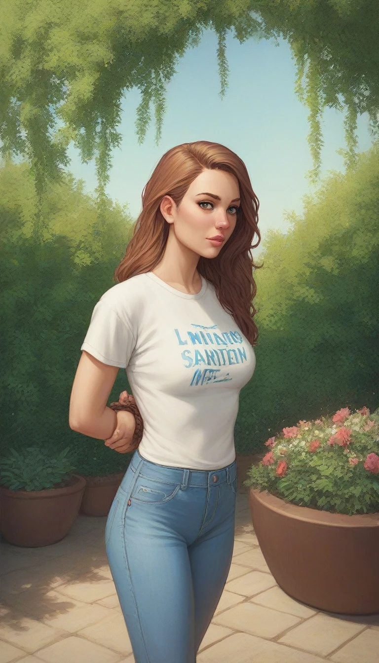 Masterpiece , highly detailed , best quality , perfect face , a beautiful American women, wearing too short sleeves red printed t-shirt and blue jeans , in garden , arms bound behind back with rope , looking at camera , standing still